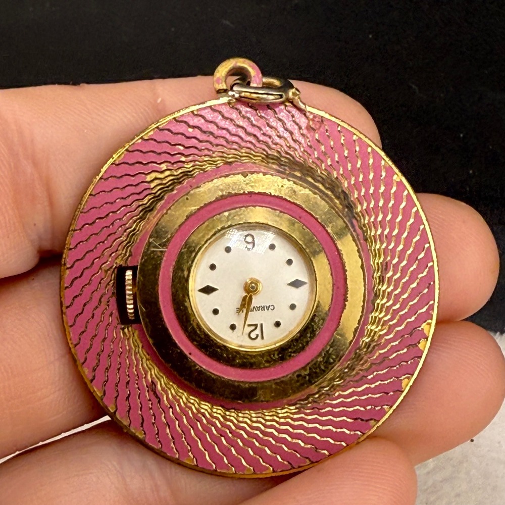Vintage Caravelle Pendant Watch Pink Enamel Gold Tone Swiss winds ticks and runs